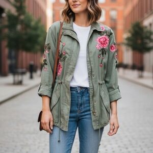 Max Jeans Army Green Floral Embroidered Jacket Small